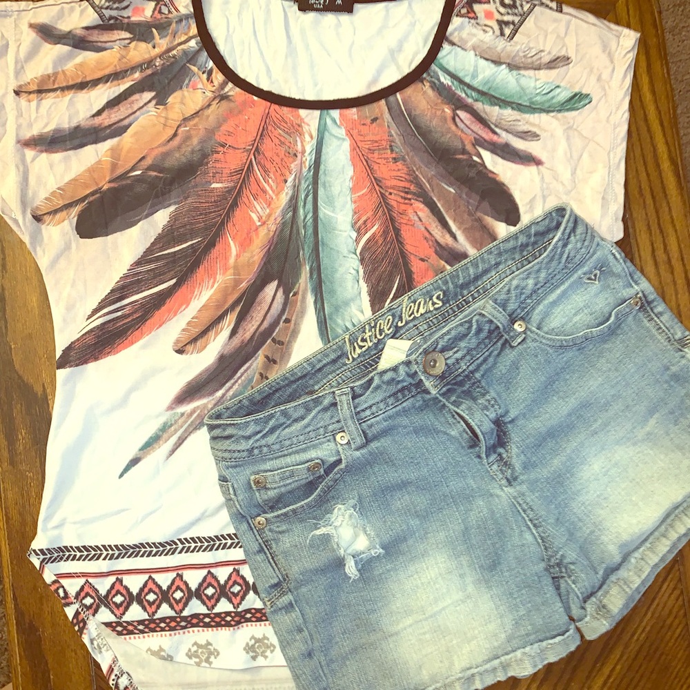 Feather top and Jean shorts